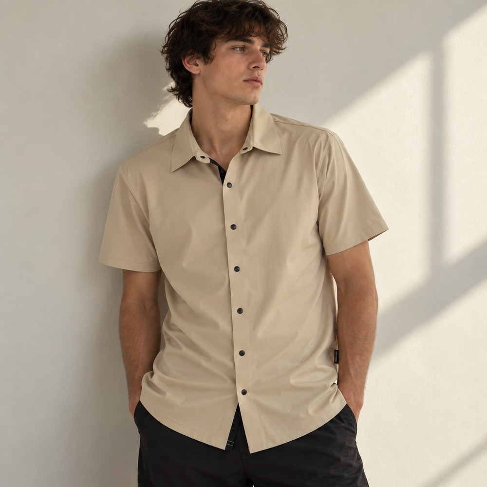 Stone Falcon Mens Stretch Tech Snap Button Shirt Sz M Tan Outdoors Performance